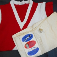 2 x Pces - Vintage FOOTY Apparel - Fab pair White Cotton SHORTS w original RON BARASSI Cardboard POS Tag + Red & White footy JUMPER - Sold for $30 - 2015