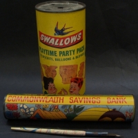 2 x Vintage childrens items - mint COMMONWEALTH BANK pencil case with original dip pen & SWALLOWS Playtime Party biscuit tin - Sold for $24 - 2015