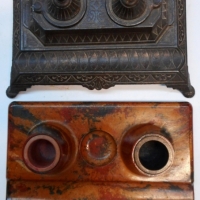 2 x Vintage inkwells, incl Cast iron inkwell with glass inserts & bakelite inkwell with original inserts - Sold for $61 - 2015
