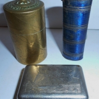 3 x Vintage WAX VESTAS cases - brass cylinder with text to lid, ship theme case & blue striped case - Sold for $61 - 2015