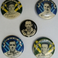 5 x Vintage Cricket badges- 1950-51 series player badges & Donald Bradman badge - Sold for $37 - 2015