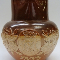 Doulton Burslem commemorative jug for the 1893 Wedding of Prince George (later King GeoV) & Princess Mary - special backstamp for Retailer John Mortlo - Sold for $43 - 2015
