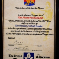 Framed Fitzroy Lions Football Club Registered Supporter Certificate dated 1977 & numbered 0532 - Sold for $159 - 2015