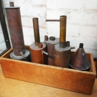 Group lot unusual copper items, possible calorimeter, incl - cylenders in various shapes & sizes, etc - Sold for $43 - 2015