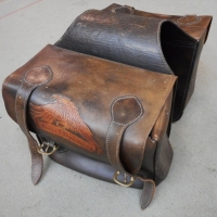 Leather Harley Davidson pannier bags, with tooled eagle & brand to sides - Sold for $43 - 2015