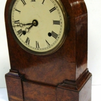Victorian MANTLE CLOCK - Burr Walnut veneer case, Dome topped w Flip up Lower section to expose pedulum, painted metal face, no marks sighted - w Key - Sold for $134 - 2015