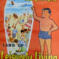 Vintage unframed illustrated Australian tourism poster - Western Australia Land Of Leisurely Living - featuring busy beach sceneOriginal 1960s unframe - Sold for $366 - 2015