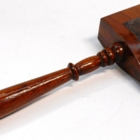 Vintage wooden Masonic presentation gavel with turned handle, inlaid top & engraved plaque - A Mark of Appreciation for Services Rendered - Sold for $55 - 2015
