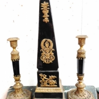Vintage 3 Pce Garniture set - ceramic obelisk & 2 candlesticks with ornate brass decoration - Sold for $390 - 2015