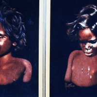 2 x vintage framed MARTINUS black velvet aboriginal paintings inc, crying girl & smiling boy, signed lower left Approx 34cm H 26cm W - Sold for $37 - 2015