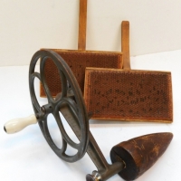 2 x vintage items - cast iron wool winder with enamel handle & pair wool carders - Sold for $49 - 2015