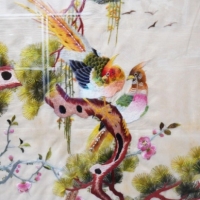 Framed Chinese embroidered silk picture of pheasants in a tree, bamboo-look gilt frame  74 x 56cm - Sold for $49 - 2015