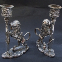 Pair Victorian EPNS figural candle sticks with rampart lion & shield - One af - Sold for $85 - 2015