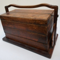 Vintage oriental wooden food box - 4 stacking compartments with steadying metal rod - Sold for $98 - 2015