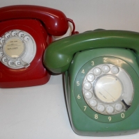 2 x Retro bright coloured rotary dial telephones - green & red - Sold for $79 - 2015