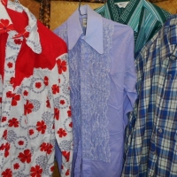 3 x Vintage GENTS Long Sleeve shirts - Fab Purple FONZEL Label w Frills to front, amazing COWBOY Shirt w Floral print & Blue Check print - Sold for $73 - 2015