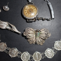 Group lot of sterling silver incl 1930s ladies watch,  DEAR SISTER bracelet, filigree butterfly brooch etc - Sold for $37 - 2015