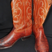 Vintage gents brown leather cowboy boots by Tony Lama, El Paso Texas - reptile skin style embellishment - approx size 11D - Sold for $24 - 2015