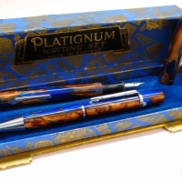 1930's boxed PLATIGNUM Writing set - marbled blue & brown - fountain pen & propelling pencil - Sold for $61 - 2015