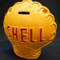 Heavy reproduction cast iron money bank - Shell logo - 19cm -  Mark to base - Sold for $49 - 2015