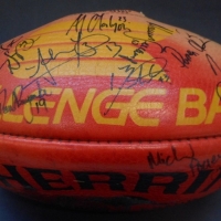 Used Sherrin Football signed by Melbourne Football Club players, c1996 incl Gary Lyon, Seecamp, Prymke, Clarkson, Yze, Nettlebeck etc - Sold for $30 - 2015