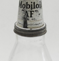Vintage MOBIL Vacuum oil bottle & tin oil funnel - Pegasus logo & raised text to bottle - Sold for $140 - 2015