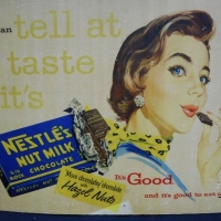Vintage cardboard NESTLE Nut Milk Chocolate advertising sign - fab female image -37 x 50cm - Sold for $256 - 2015