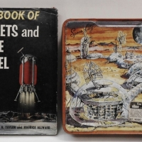 2x items - 'Eagle Book of Rockets and Space Travel' & Elkes space theme biscuit tin - Sold for $43 - 2015