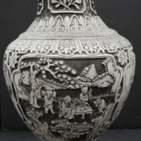 Large unusual Chinese Cinnabar ware vase - off white on dark gray high relief decoration - approx 48cm H - Sold for $146 - 2015