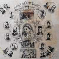 Framed Victorian Commemorative Jubilee of Queen Victoria linen kerchief with transfer printed text & images relating to Queen Victoria Approx 50cm H x - Sold for $55 - 2015