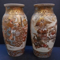Pair of c1900 Japanese Satsuma porcelain vases with handpainted Samurai and landscape scenes and other fine detail, 30cms - Sold for $281 - 2015