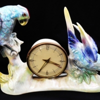 Vintage JEMA of Holland luster porcelain figural mantel clock with pair parrots Approx 26cm H - Sold for $104 - 2015