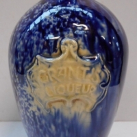 c1920 Majolica pottery Grant's Liqueur flask - dark blue & white mottled & drip glaze - poss Australian -  20cms H - unmarked - Sold for $49 - 2015
