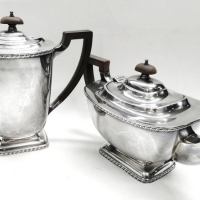 Pair Victorian style EPNS Tea & Coffee Pots - marks to base, brown bakelite handles & knobs - Sold for $27 - 2015