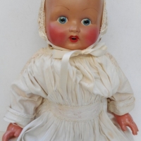 1940's character baby DOLL  in vintage dress - celluloid limbs, filled torso, bisque head with handpainted facial features - stamped Ellar in diamond  - Sold for $55 - 2015