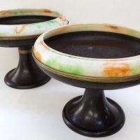 2 x Art Deco brown Bakelite comports - base with coloured mottled Bakelite rim & brass banding (One AF) - Sold for $43 - 2015