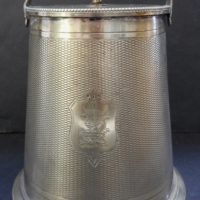 Circa 1903 elegant silver plated biscuit barrel with cartouche to front with bull's head image & cartouche to rear with date & initials Approx 15cm H - Sold for $49 - 2015