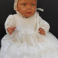 Circa 1930's CELLULOID DOLL - Fairylite Baby Blue Eyes Junior with detailed molded facial features, dressed in vintage netting with lace Christening g - Sold for $98 - 2015