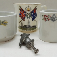 Group lot vintage Australiana china inc - HMAS Sydney commemorative cup, Duraline RACV items - plus small metal kookaburra - Sold for $49 - 2015