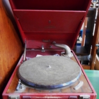 Vintage Portable Gramophone in Red leatherette Case AF - Sold for $37 - 2015