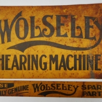 2 x Vintage tin WOLSELEY advertising signs - Wolsely Shearing Machines & thin  Use only genuine Wolseley spare parts - yellow with black text - Sold for $140 - 2015