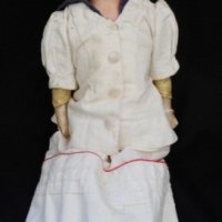 Circa 1915 -26  MORIMURA BROS DOLL - Bisque head & hands, jointed composition body, open eyes, open mouth showing teeth, dressed in sailor dress outfi - Sold for $61 - 2015