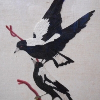 Framed c 1930s Australian embroidery - Two Magpies - approx 325x27cm - Sold for $73 - 2015