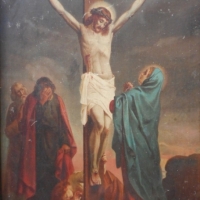 Framed religious print on canvas, The Crucifixion - approx  82 x 62cms, c1900 - Sold for $49 - 2015