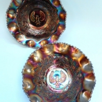 Pair of Australian purple CARNIVAL glass bowls - ShrikeThunderbird pattern - 14cm D - Sold for $122 - 2015