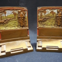 Pair vintage heavy brass bookends with raised image of The Shepherdess and stepped base - by Pompeian Bronze Co - Sold for $73 - 2015