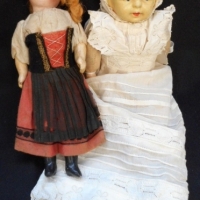 2 x circa 1900 dolls incl,  SFJB of Paris - bisque head, painted features, jointed composition body, national costume - other porcelain headed baby, h - Sold for $37 - 2015