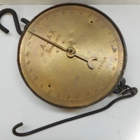 Large cast iron and brass hanging scale - 200lb max by Ajax, Arncliffe NSW - Sold for $30 - 2015