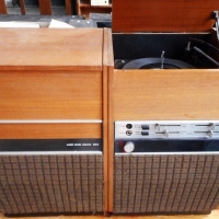 Vintage two piece PYE Solid State Stereo 554 record player with lift top and record storage section - Sold for $110 - 2015