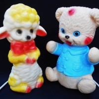 2 x Vintage plastic animal nursery  lamps - bear and  poodle - Sold for $43 - 2015